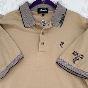 Vintage Ashworth Men’s Beige Golf Polo Shirt Black Trim 90s Y2K Size L